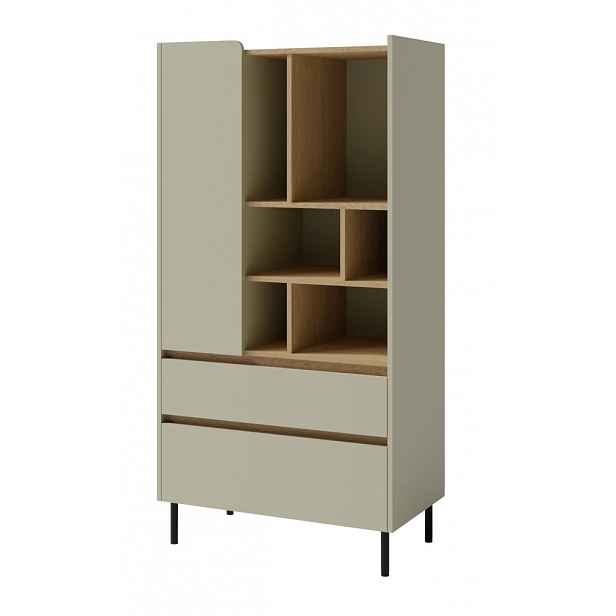 Vysoká komoda s regálem Lucky, eukalyptově zelená/baltský dub