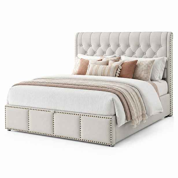 CHICFURN ČALOUNĚNÁ POSTEL 140/190 cm v šedé barvě s úložným prostorem z bavlněno-lněné látky