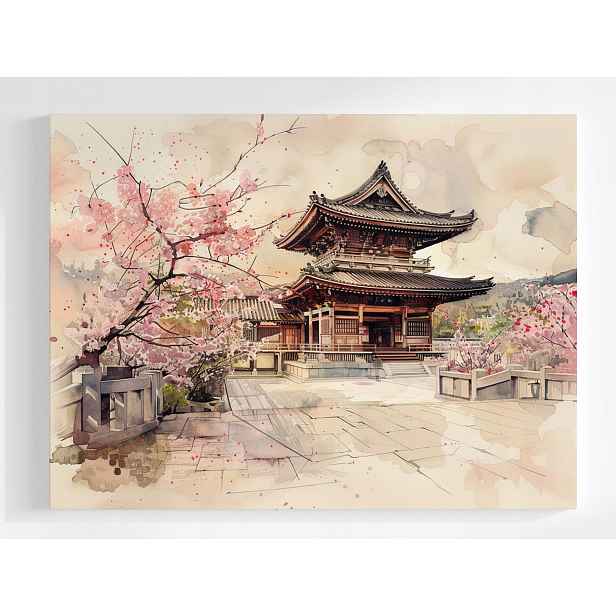 Plakát Japonský Kvetoucí Chrám Višeň Akvarel 100x75