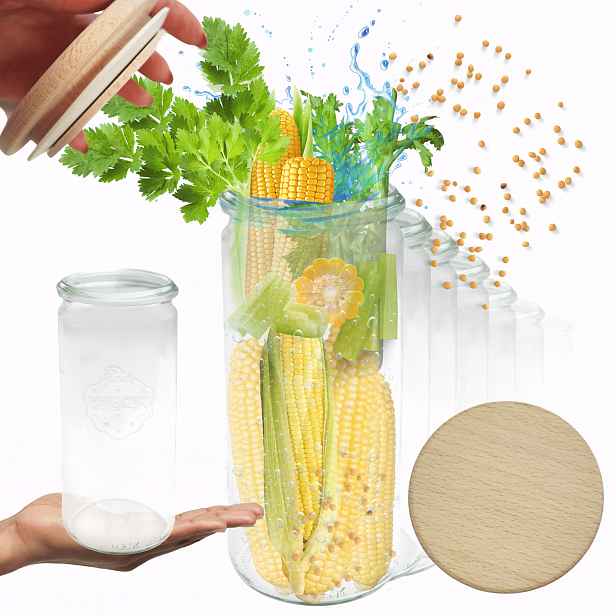 Sklenice Weck 1 l 1040 ml Cylinder vzduchotěsné dřevěné víko 6 Ks