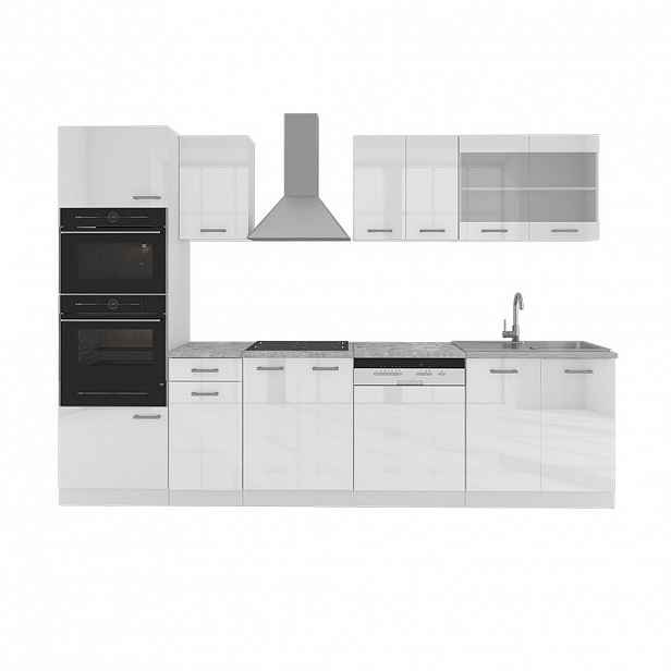 Vicco KUCHYŇSKÝ KOUT R-Line Bílá vysoký lesk 300 cm s vysokou skříní, bez pracovní desky