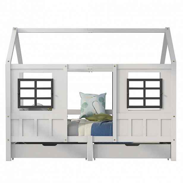 CHICFURN DOMEČKOVÁ POSTEL 90/200 cm v bílé barvě se 2 zásuvkami