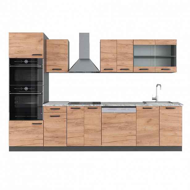 Vicco KUCHYŇSKÝ KOUT R-Line Zlatý mocný dub 300 cm s vysokou skříní, PD Mramor