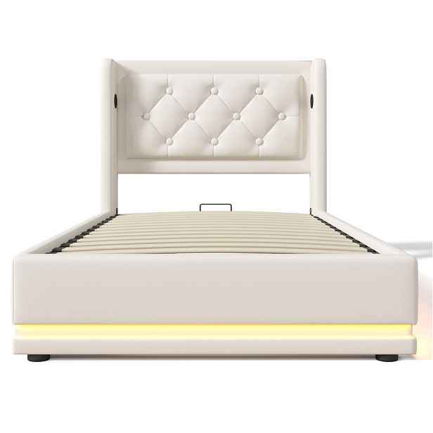 Redom ČALOUNĚNÁ postel 90/200 cm z PU s LED osvětlením, USB, USB-C a hydraulickým úložným prostorem, Bílá