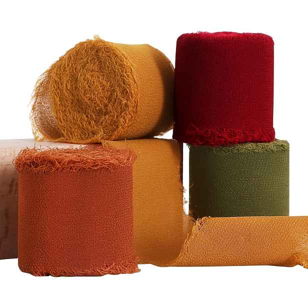 TEMU 4 Role Ručně Vyrobené Šifonové Stuhy Vhodné pro Balení Dárků, 1,5 Palce X 22 Yardů Široká Páska s Oranžovými Mechově Hnědými Khaki Střapci,