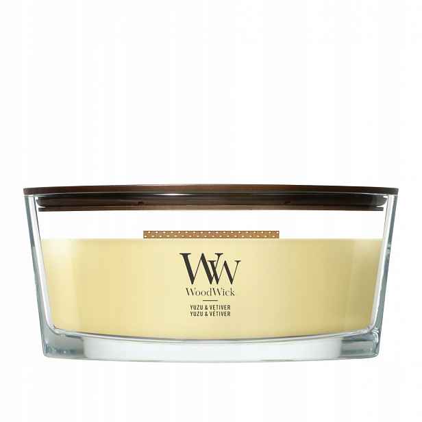 Vonná svíčka Yuzu Vetiver elipsa WoodWick velký dřevěný knot pro relaxaci