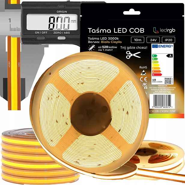 Led páska Neon Cob 24V 10 m 528 3000K Bílá Teplá Free Cut Řezaná Co 1 mm
