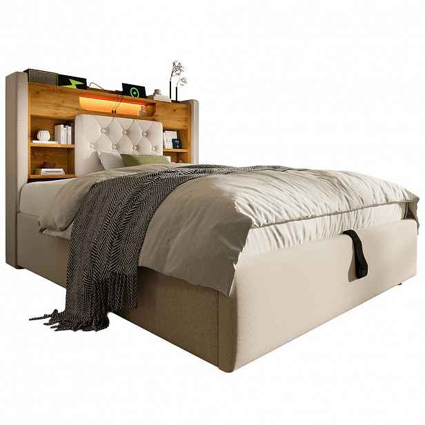 CHICFURN ČALOUNĚNÁ POSTEL 90/200 cm v béžové barvě s úložným prostorem, LED a USB-C