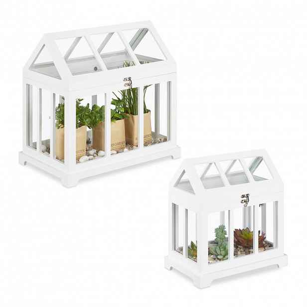 Relaxdays MINISKLENÍK Bílý 2-dílný set sklo výklopná střecha 37x37,5x24 cm