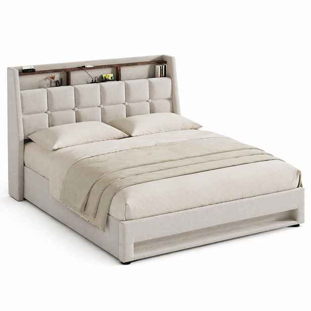 CHICFURN ČALOUNĚNÁ POSTEL 140/200 cm ve světle béžové barvě s úložným prostorem, LED a USB