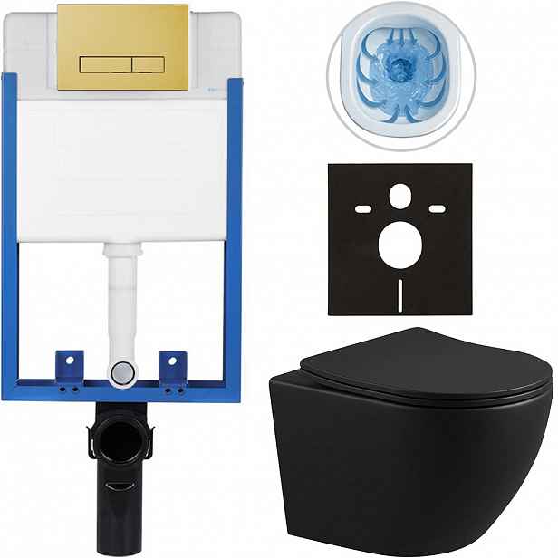 Kompletní WC set Profi/Cesso - černá matná - WC tlačítko Slim/Zlatá - pro zazdění - 49x36 cm - 611740