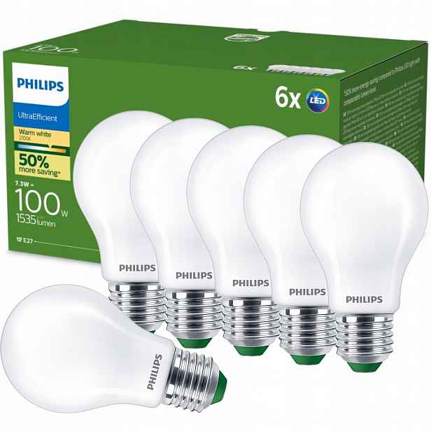 Led žárovka E27 Philips 7.3W 100W 1535lm 210lm/W 2700K Teplá Třída A 6 ks