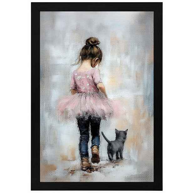 Plakát Rámeček Dřevo Dívka Růžová Princezna Kočka Procházka 40x60