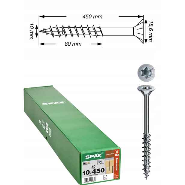 Univerzální vruty Wirox do dřeva, konstrukce Spax 10 x 450 mm 50 ks