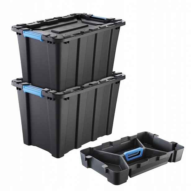 Set: 2× Velký Plastový Kontejner s Víkem Techbox 55 l Třídicí Vložka