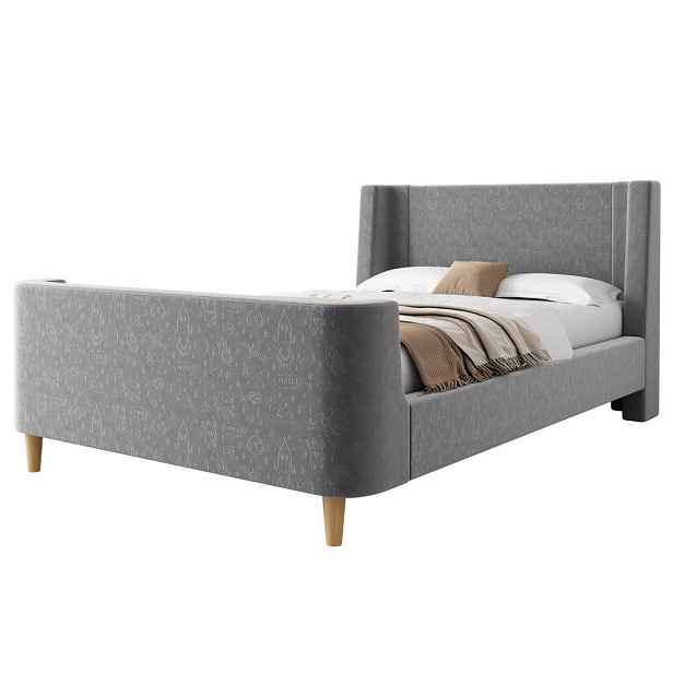 Redom DĚTSKÁ postel 90/200 cm se skluzovým designem, vesmírným motivem a čalouněným čelem, Šedá