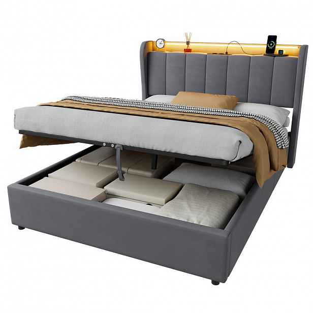OKWISH ČALOUNĚNÁ postel 140/200 cm tmavě šedá ze sametu s hydraulickým úložným prostorem, LED a nabíjecí stanicí