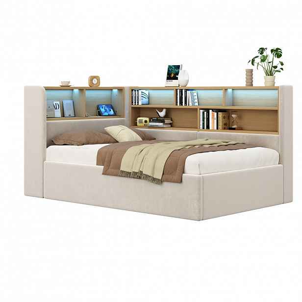 CHICFURN DĚTSKÁ POSTEL 90/200 cm v béžové sametové látce s úložným prostorem, LED, USB a Type-C
