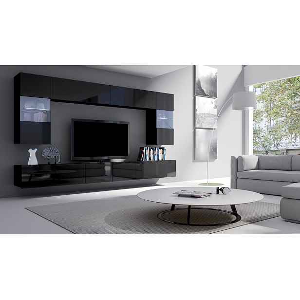 Obývací stěna s LED bílým osvětlením CHEMUNG 1 - černá / lesklá černá