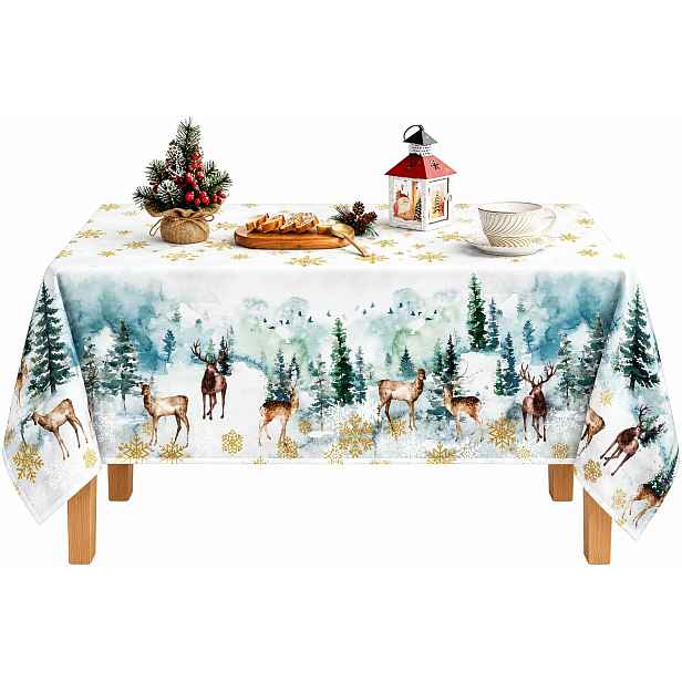 Vánoční Ubrus 110 X 140 CM Šedozlatý Jelen Sněhové Vločky Polyester