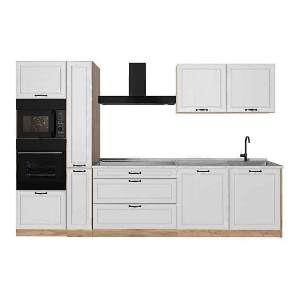 Vicco KUCHYŇSKÝ KOUT R-Line, Bílý venkovský dům/Zlatý mocný dub, 310 cm pracovná doska Mramor