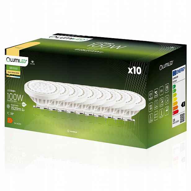 10x Led žárovka G53 AR111 15W 100W 1521lm 3000K 38° 12V Lumiled
