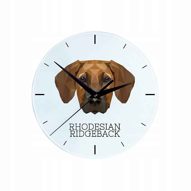 Rhodéský ridgeback – skleněný závěsný nástěnný hodinový stroj s geometrickým psem