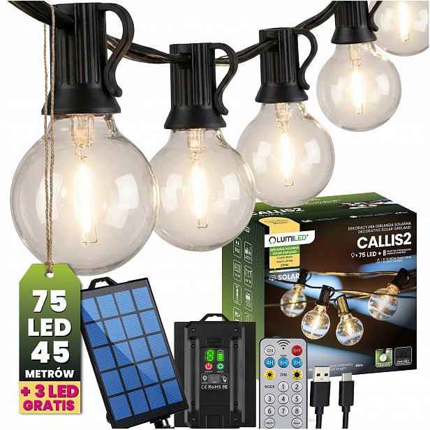 Solární zahradní světelná girlanda 75 Led Lampičky na balkon Terasa 45M Ovladač