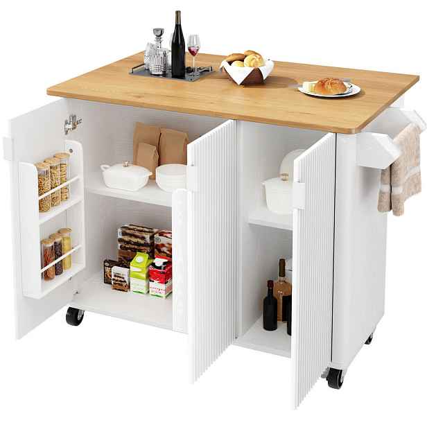 Redom KUCHYŇSKÝ ostrůvek 130/45(75)/92 cm s výklopnou deskou, úložným prostorem, kolečky a držákem na utěrky, Bílá