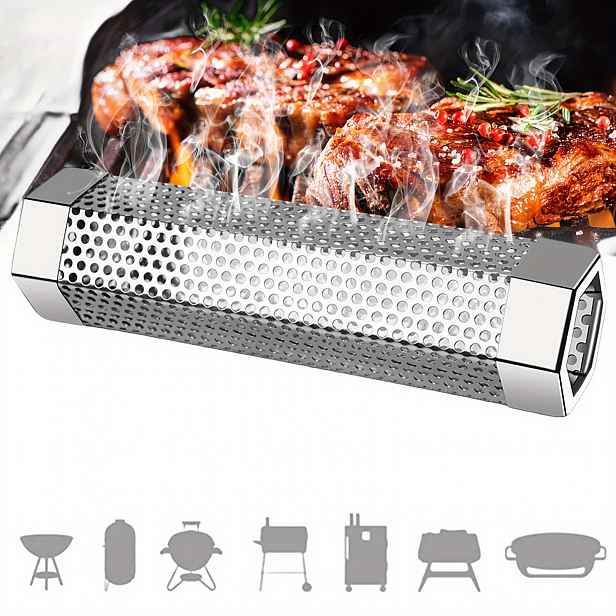 TEMU Tubus na kouření pelletů 6in z nerezové oceli BBQ Wood Pellet Tube Smoker pro studené/teplé kouření, přenosný generátor kouře pro grilování
