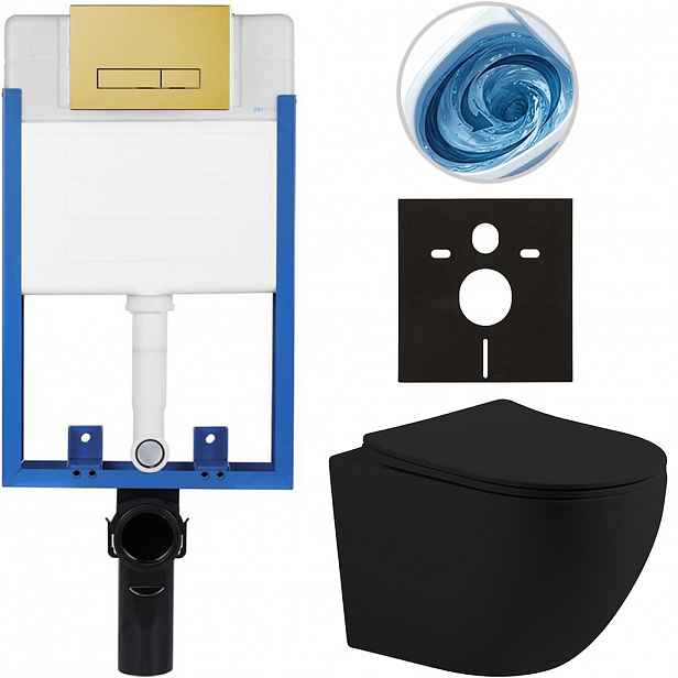 Kompletní WC set Profi/Cesso - černá matná - WC tlačítko Slim/Zlatá - pro zazdění - 49x36 cm - 879662
