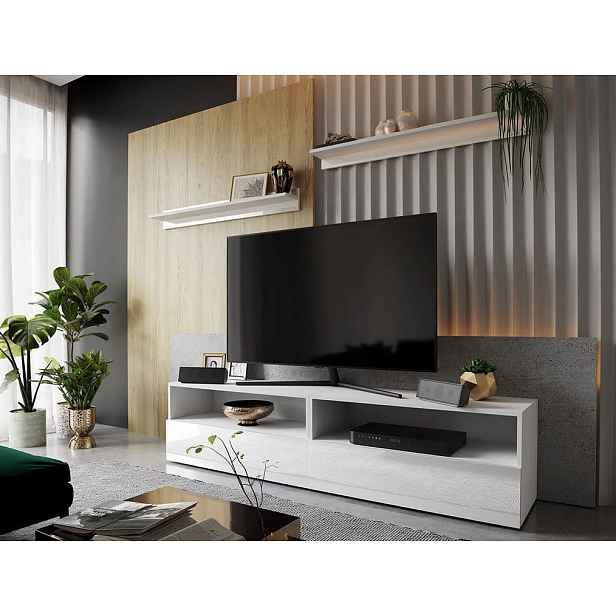 Set 2x stolek pod TV na nožkách SALADO - bílý / lesklý bílý + 2x police ZDARMA
