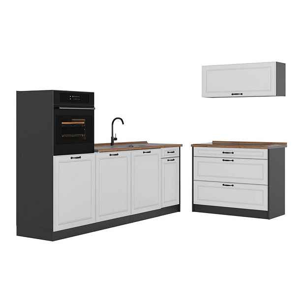 Vicco KUCHYŇSKÝ KOUT R-Line, Bílý venkovský dům/Antracit, 220 cm pracovná doska Dub Goldkraft