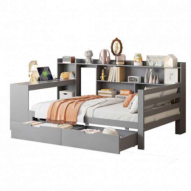CHICFURN POSTEL 90/200 cm v šedé barvě s psacím stolem, policemi, zásuvkami a USB