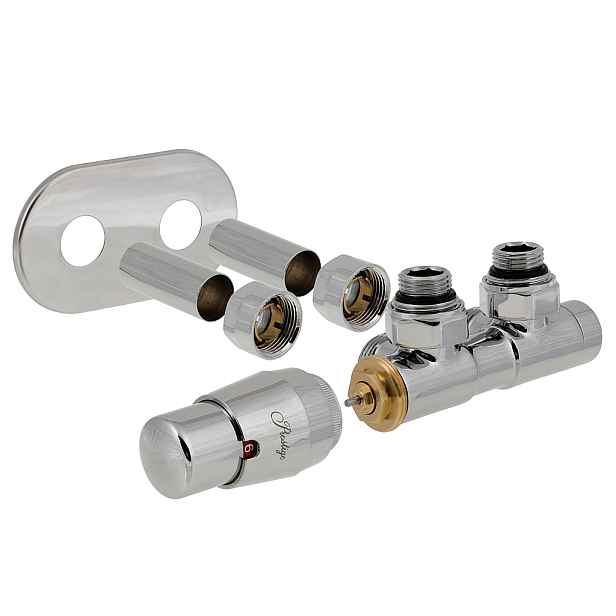 HS Twins - připojovací armatura pro středové připojení 50 mm s termostatickou hlavicí napravo; pro CU 15x1 - lesklý chrom; KOMPLETNÍ SADA S KRYCÍMI TRUBIČKAMI A RŮŽICEMI