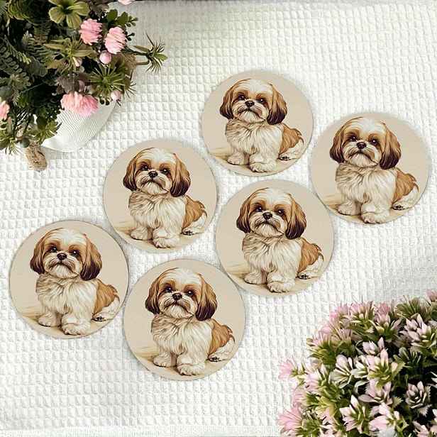 TEMU Sada 6 ks podtácků, kulaté podtácky s Shih Tzu ve vintage stylu, nezbytné pro sváteční večírky, vhodné pro , kanceláře, domovy a různé