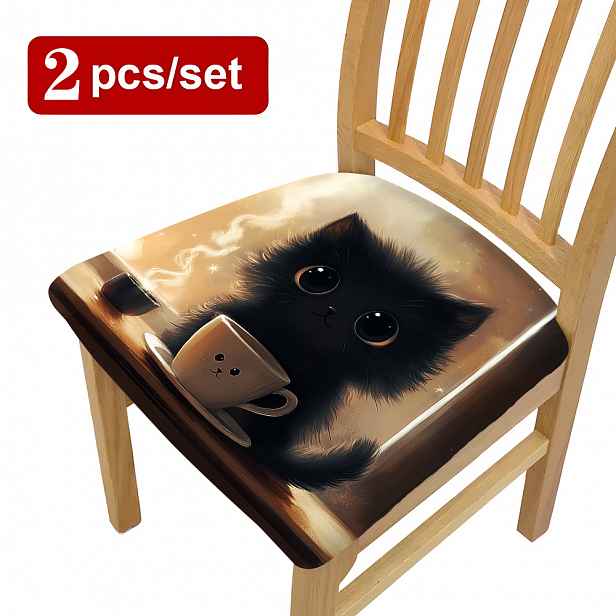 TEMU 2ks/4ks/6ks Roztomilé potahy na židle s kočky a šálky, Pohodlné sedací polštářky pro domácnost – kuchyně, jídelna, obývací pokoj, celoroční