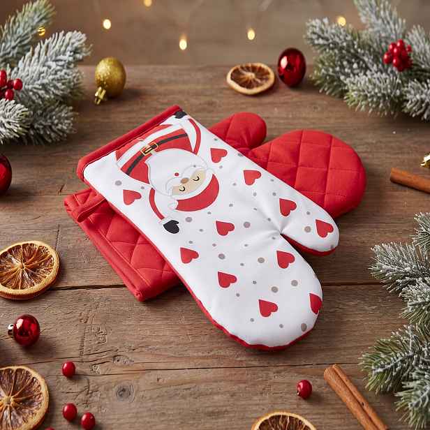 Vánoční kuchyňské rukavice HAPPY XMAS bílá 18x30 cm – 2 ks