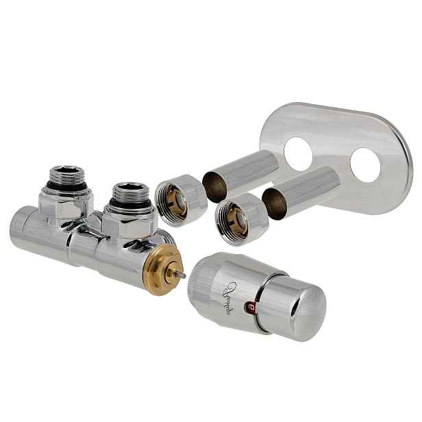 HS Twins - připojovací armatura pro středové připojení 50 mm s termostatickou hlavicí napravo; pro PEX; ALPEX 16mm - lesklý chrom; KOMPLETNÍ SADA S KRYCÍMI TRUBIČKAMI A RŮŽICEMI
