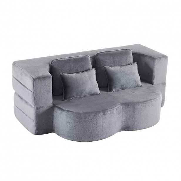 Modfu ROZKLÁDACÍ podlahová pohovka z pěny a 198x60x76 cm pružin modrošedá, jako futon i lůžko se 4 polštáři