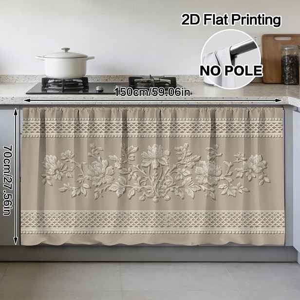 TEMU 2D Plochá, 1 ks Závěs a Dekorace na Skříň s Květinovým Lemem - Polyester, Snadno Čistitelný, na Tyč pro Snadnou Instalaci, Studovna, Koupelna,