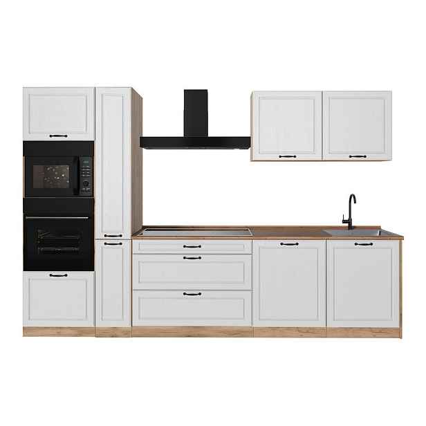 Vicco KUCHYŇSKÝ KOUT R-Line, Bílý venkovský dům/Zlatý mocný dub, 310 cm pracovná doska Dub Goldkraft