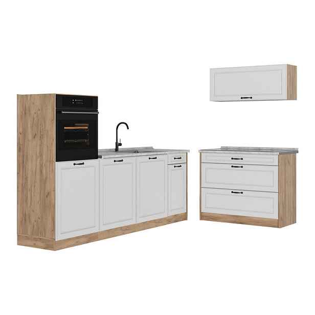 Vicco KUCHYŇSKÝ KOUT R-Line, Bílý venkovský dům/Zlatý mocný dub, 220 cm pracovná doska Mramor