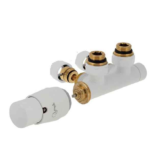 HS Twins - připojovací armatura pro středové připojení 50 mm s termostatickou hlavicí nalevo; pro CU 15x1 - bílá Ral 9003