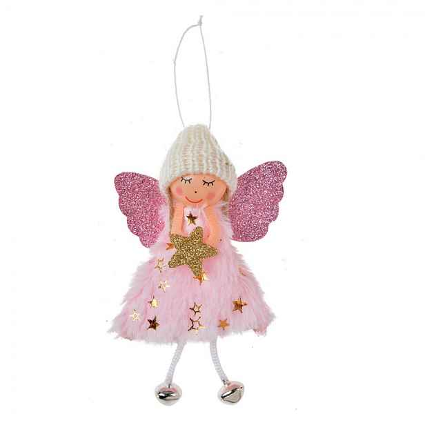 Růžová látková závěsná dekorace anděl s hvězdičkou - 8*3*15 cm Clayre & Eef