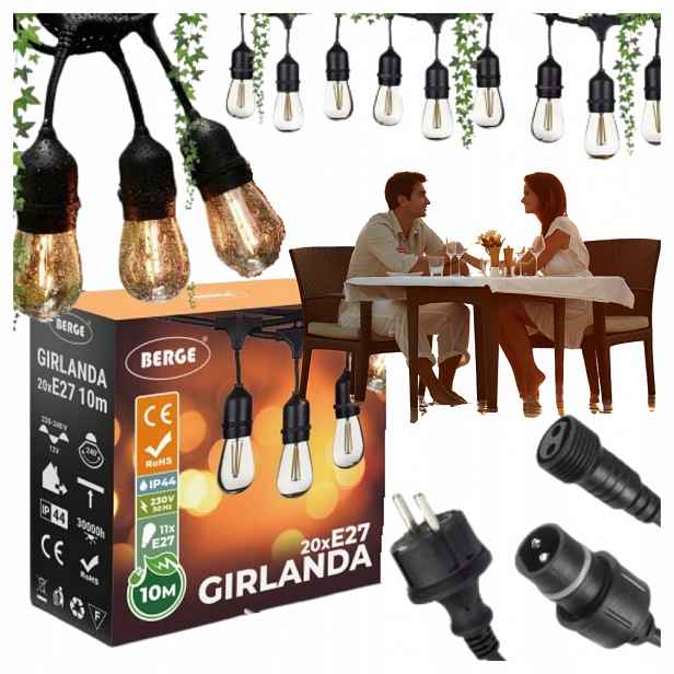Zahradní světelná girlanda 10m 20x Led žárovka 1W Hustá vodotěsná