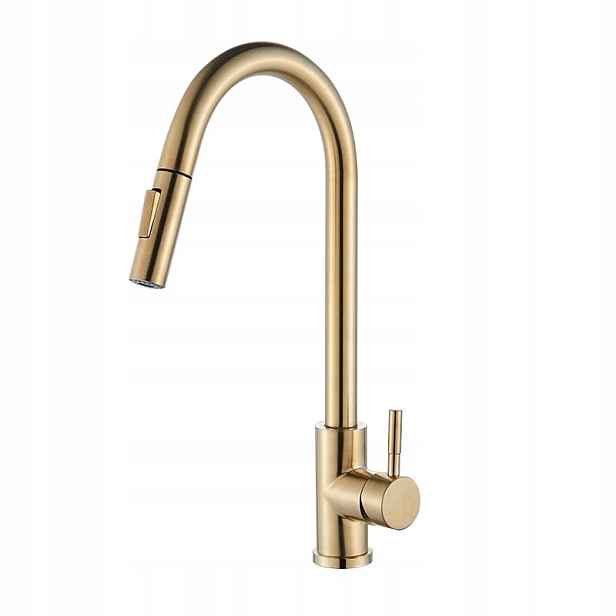 Kuchyňská baterie Faucet zlatá kartáčovaná, páková s výtokovým ramínkem