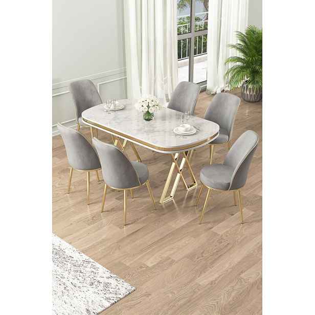Dining Table & Chairs Set (7 Pieces) Lai - White, Gold, Grey