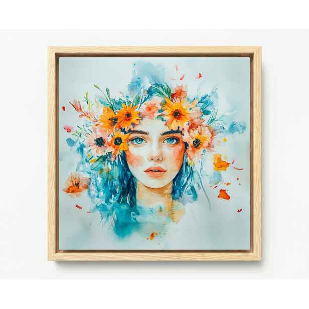 Obraz Rám American Box Tyrkysová Dáma Portrét Květiny Akvarel Boho 60x60