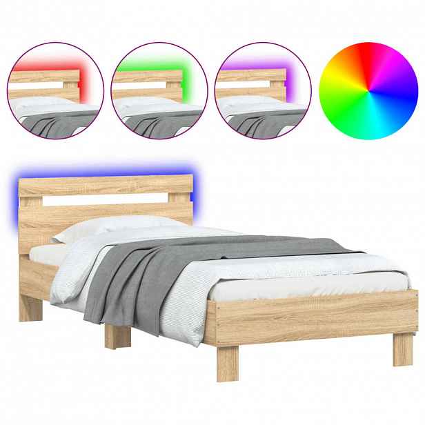 vidaXL Rám postele s čelem a LED osvětlením dub sonoma 90 x 190 cm